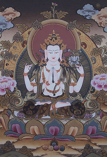 Tibetan Thangka painting of Four Arms Chenrezig