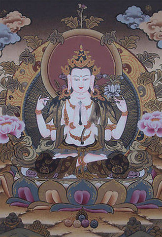 Tibetan Thangka painting of Four Arms Chenrezig