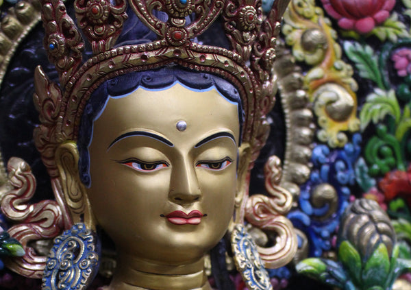 Magnificient Green Tara Gold Painted Statue on Wooden Throne 27.5"