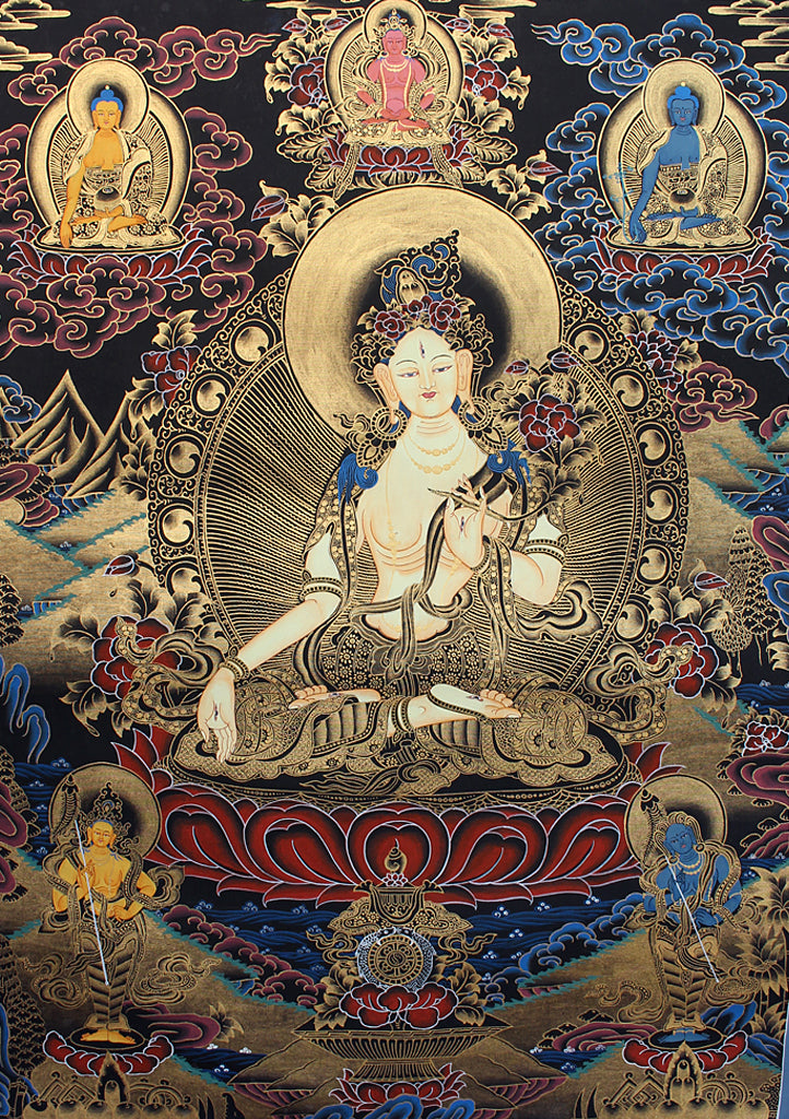 White Tara Thangka Painting with Blue Border 69x54 CM