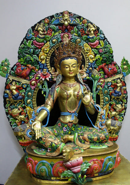 Magnificient Green Tara Gold Painted Statue on Wooden Throne 27.5"