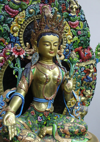 Magnificient Green Tara Gold Painted Statue on Wooden Throne 27.5"