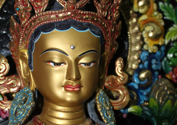 Magnificient Green Tara Gold Painted Statue on Wooden Throne 27.5"