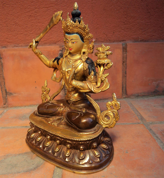 Partly Gold Plated Manjushri Statue 9 inch