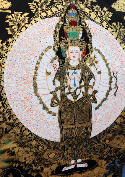 Black Gold Tonned Avalokeshvara Thangka Painting 29x21 CM