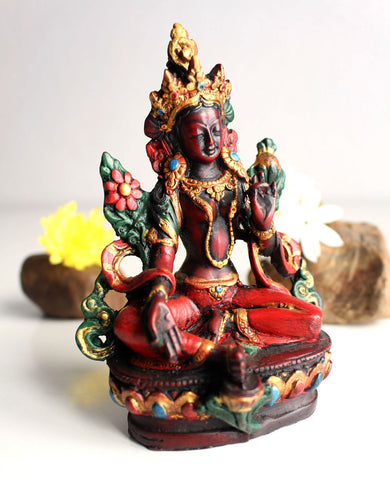 Resin Statue of Green Tara with Red Patina