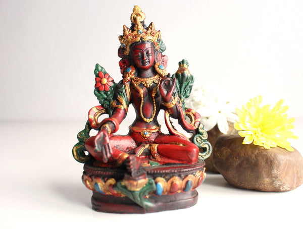 Resin Statue of Green Tara with Red Patina