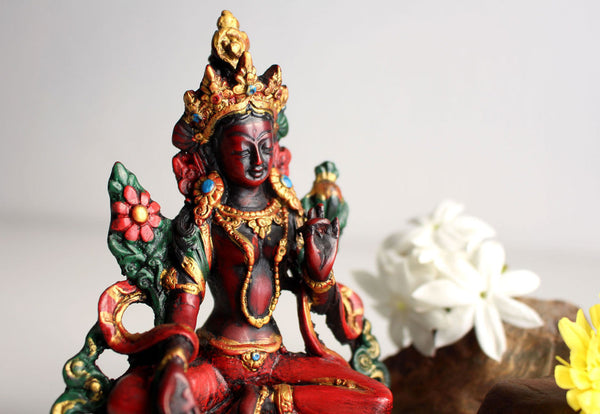 Resin Statue of Green Tara with Red Patina