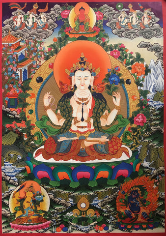 Meticulously Handpainted Chenrezig Thangka 54x48cm