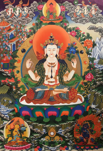 Meticulously Handpainted Chenrezig Thangka 54x48cm