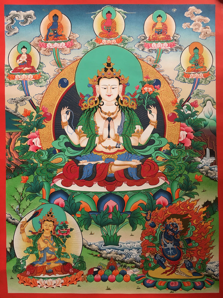 Chenrezig Thangka with Pancha Buddha 68x50cm