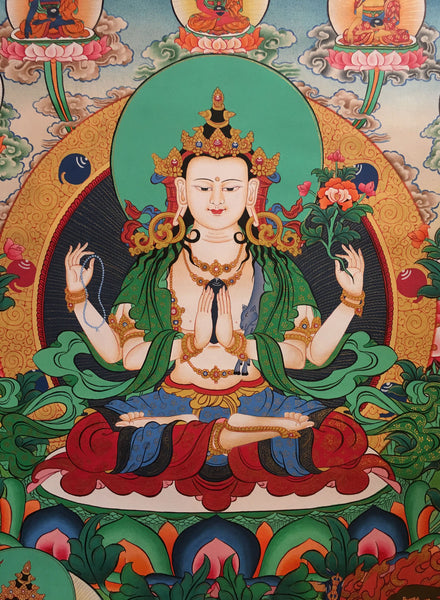 Chenrezig Thangka with Pancha Buddha 68x50cm