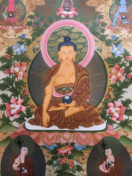 Shakyamuni Thangka with Two Dhyani Buddhas and Dharmapalas