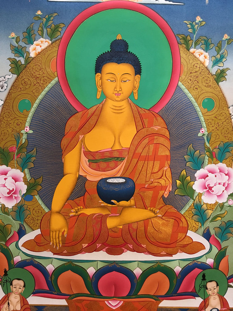 Thangka of Shakyamuni Buddha on a lion throne