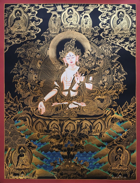 White Tara with Pancha Buddha Golden Thangka