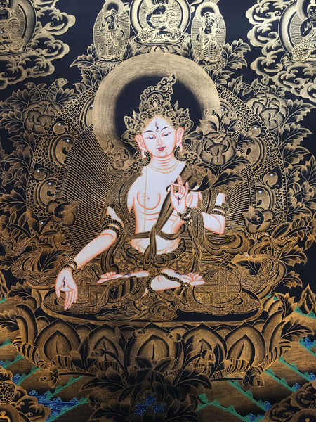 White Tara with Pancha Buddha Golden Thangka