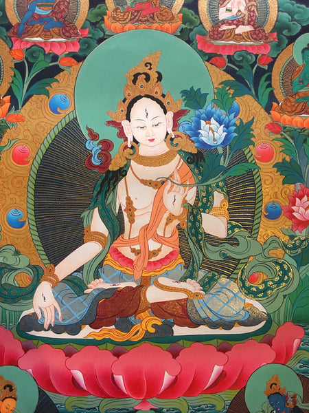 Mystical White Tara Thangka Painting with Panch Buddha