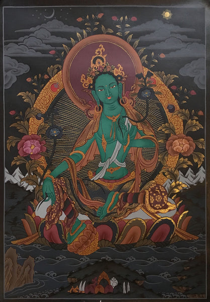 Green Tara Black Canvas Thangka
