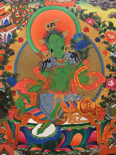 Green Tara Thangka with Amitabha Buddha and Bodhisattvas