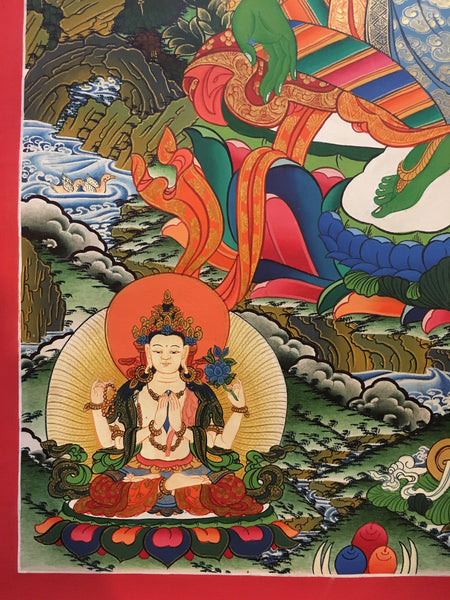 Green Tara Thangka with Amitabha Buddha and Bodhisattvas