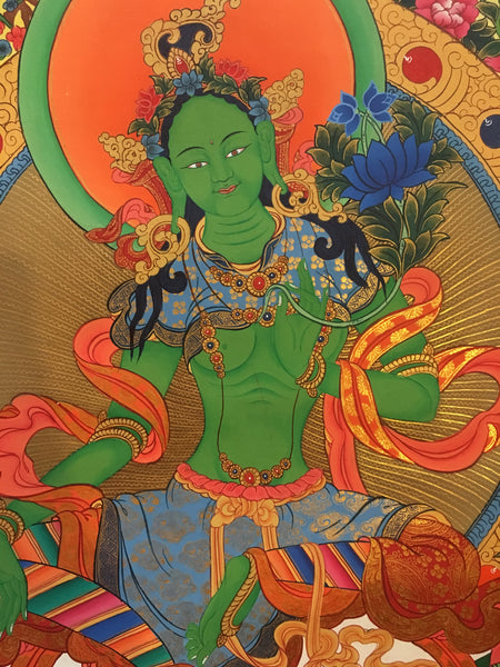Green Tara Thangka with Amitabha Buddha and Bodhisattvas