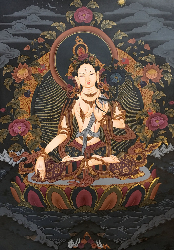 White Tara Thangka on a Black Canvas
