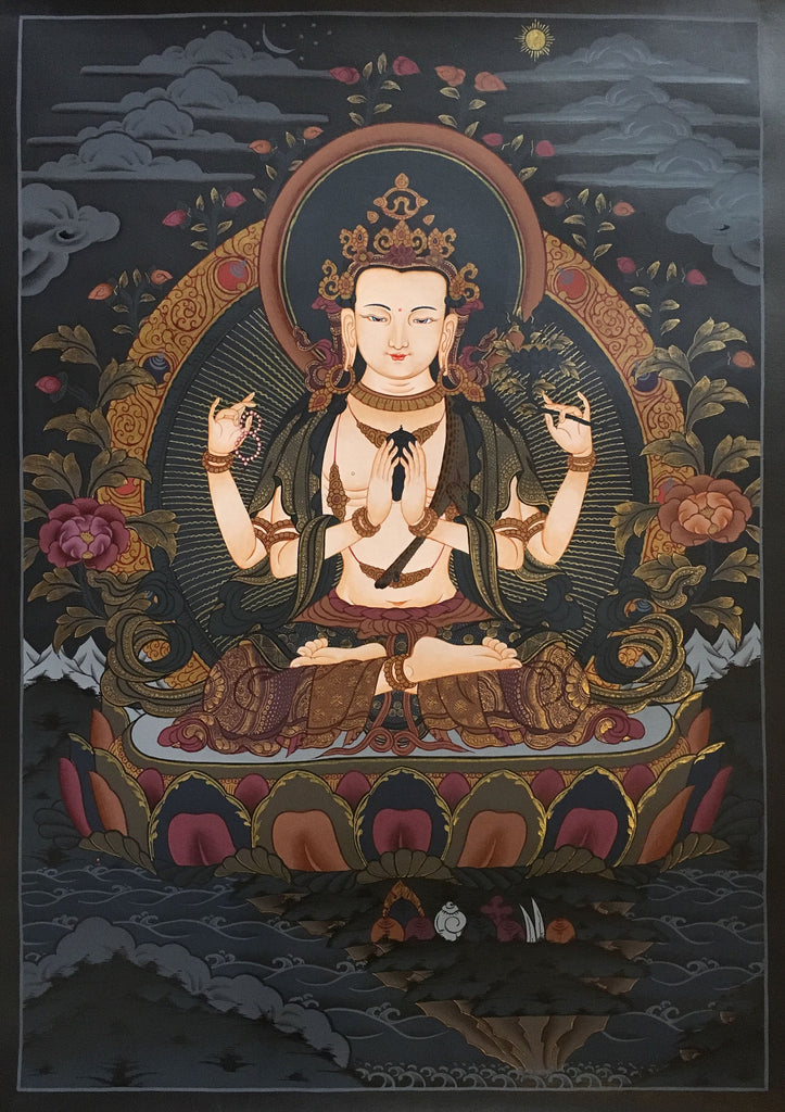 Chenrezig Black Canvas Thangka 55x40cm