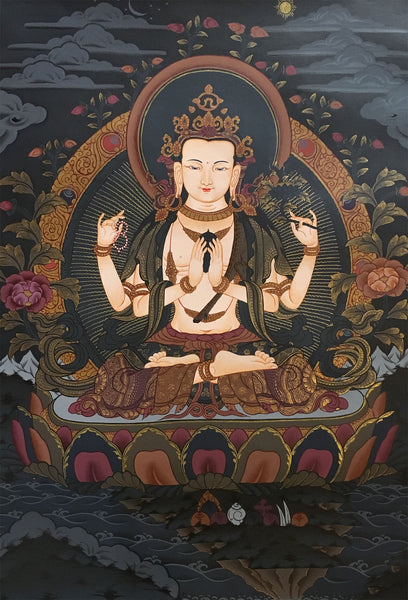 Chenrezig Black Canvas Thangka 55x40cm