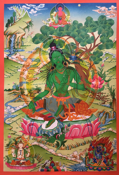 Majestic Green Tara Thangka with Amitabha Buddha and Bodhisattvas