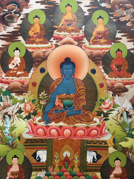 Majestic Thangka of Medicine Buddha with Pancha Buddha