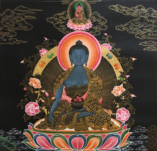 Medicine Buddha Black Canvas Thangka