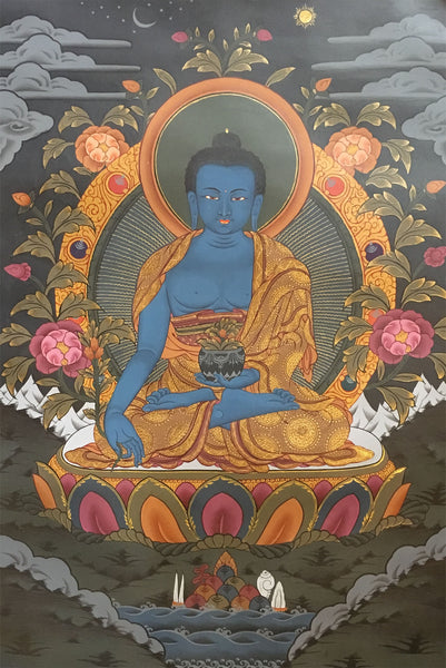 Healing Buddha Black Canvas Thangka Painting 55x40cm-NTH62