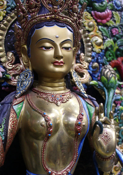 Magnificient Green Tara Gold Painted Statue on Wooden Throne 27.5"