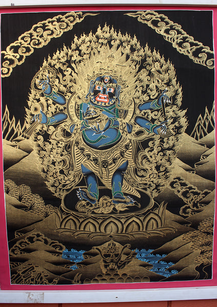 Black Mahankal Deity Gold Tonned Thangka Painting