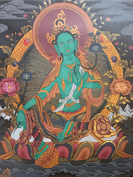 Green Tara Black Canvas Thangka 55x40cm NTH58
