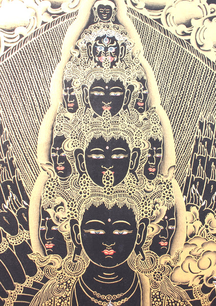 Tibetan Avalokiteshvara Gold Toned Thanka Paintings