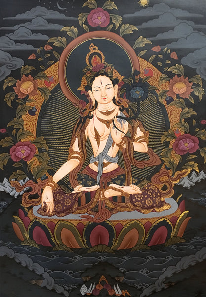 White Tara Thangka on a Black Canvas 55x40cm NTH61