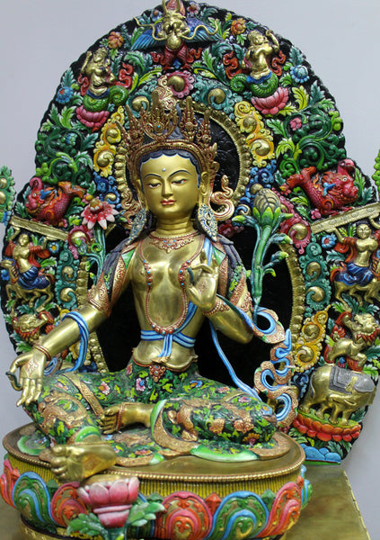 Magnificient Green Tara Gold Painted Statue on Wooden Throne 27.5"